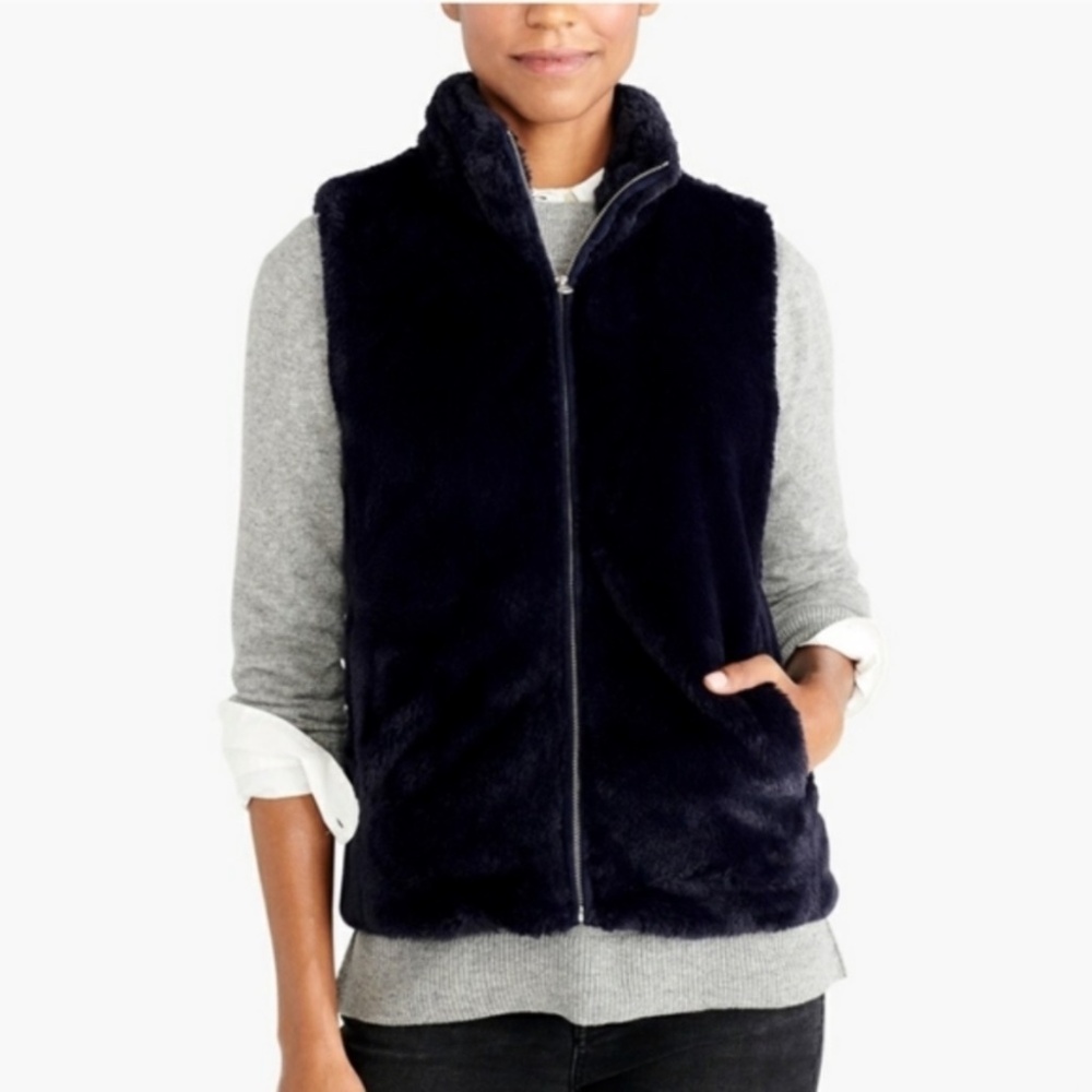 J Crew soft fur navy zip vest